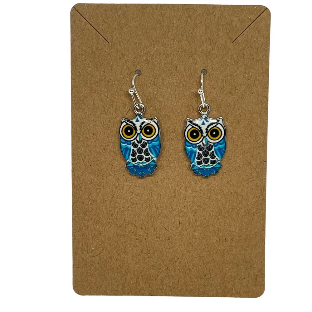Owl Earrings Blue Dangle Resin - Hypoallergenic